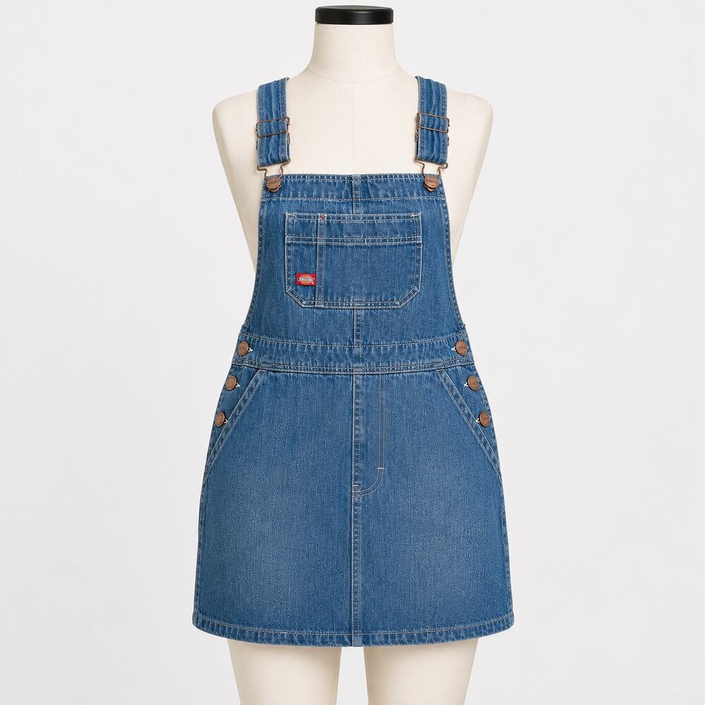 Dickies Denim Overall Pinafore Dress Women's Small S Blue Button Side Jumper NWT
